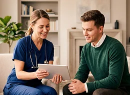 Female doctor at home in Dubai with patient