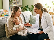 Pediatric nurse with mother and newborn at home