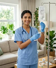 Home nurse preparing for patient visit in Dubai