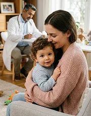 Mother holding her baby while a doctor performs a checkup